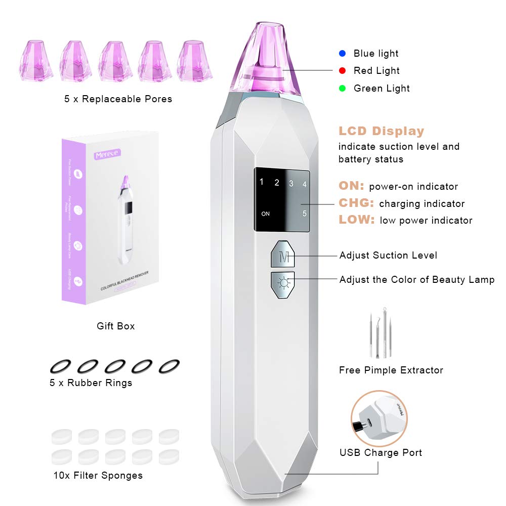Blackhead Remover Vacuum Pore Cleaner - Merece Upgrade Blackhead Removal Tool Electric Black Head Face Vacuum Comedone Extractor Acne Sucker Whitehead Treatment with USB Rechargeable 3 Skin Care Light: Beauty