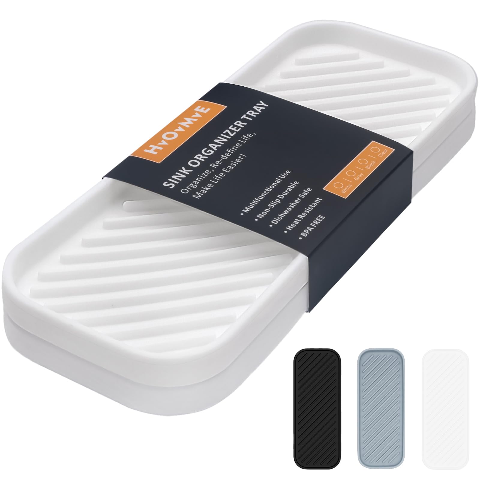 HvOvMvE Silicone Organiser Caddy, Kitchen Sink & Bathroom Holder for Sponge, Dish Brush and Soap Dispenser (White 2 Pack, 23.5x9.2cm)