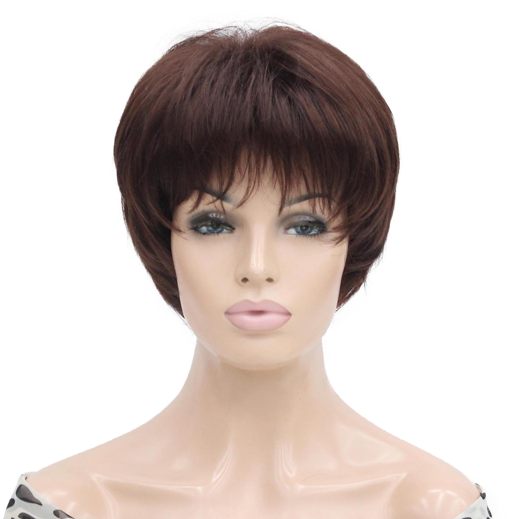 Lydell 6-8" Straight Short Bob Wig Layered Shaggy Flat Bangs Heat Resistant Synthetic Wigs 33 Dark Auburn