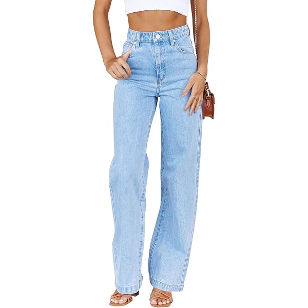 PLNOTME Jean Boyfriend Baggy Pour Femme - Jambe Large - Taille Mi-haute - Denim - Bleu Délavé - Taille 8