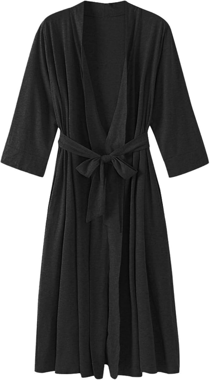 Long Womens Robe 3/4 Sleeve Solid Loose V Neck Self Belt Bathrobe Night