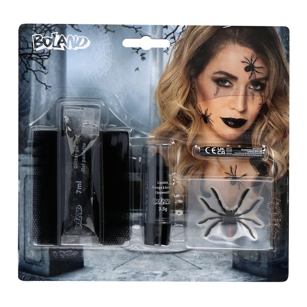 Boland Black Widow Make-Up Kit – Halloween Fancy Dress Set with Tulle Fabric, Black Lipstick, Spider Stickers, Glitter Gel & Make-Up Pen – Witch & Spider Costume Accessory