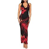 SHENHE Women's Sexy Floral Maxi Dress Halter Tie Backless Cowl Neck Bodycon Party Dress