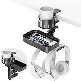 KDD Desk Cup Holder with 2 Headphone Hook - Rotating Pencil Holder & Detachable Drawer Tray - Clamp on Under Desk Headphone Holder Hidden Storage for Office School Home Accessories