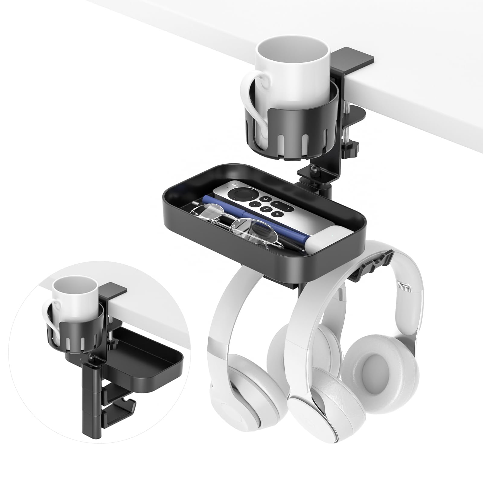 Photo 1 of KDD Desk Cup Holder with 2 Headphone Hook - Rotating Pencil Holder & Detachable Drawer Tray - Clamp on Under Desk Headphone Holder Hidden Storage for Office School Home Accessories