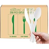 BEIDOU-PAC 250 Count Compostable Disposable Non Plastic Silverware, Heavy Duty Biodegradable Forks Spoons Knives Cutlery Set, Eco Friendly Recyclable Flatware Utensils for Party Wedding Daily Use