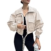 JINZHAO Womens Cropped Bomber Jacket Lightweight Military Fall Utility Safari Zip Up Anorak Coat with Pockets
