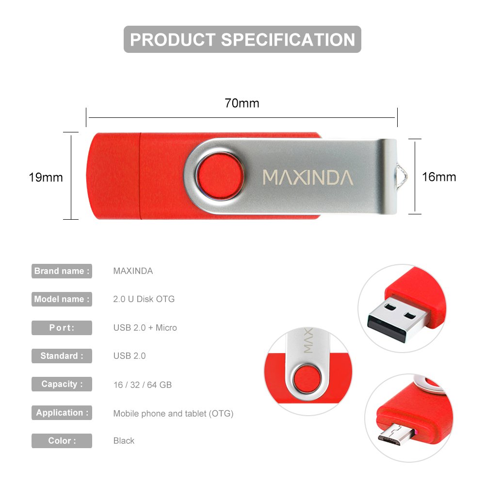 MAXINDA 16GB OTG Telefono Mobile /Tablet PC Trasformazioni Duale Micro USB / USB 2.0 Memoria Unità Flash In Movimento Disco USB (Rosso)