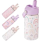 CUXFLS Kids Water Bottle with Straw 12 oz - Insulated Stainless Steel Sports Bottle, Leakproof Wide Mouth Thermal Cup with Straw & Handle Lids for School Travel Outdoor Activities