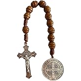 Bovemee Saint Benedict Medal Prayer Pocket Rosary Catholic Brown Wood Beads with Medalla de san benitol and Crucifix, 9 Inch