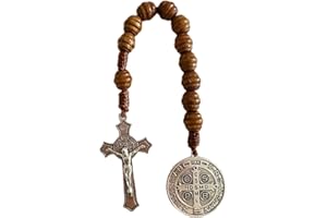 BOVEMEE Saint Benedict Medal Prayer Pocket Rosary Catholic Brown Wood Beads with Medalla de san benitol and Crucifix, 9 Inch(Silver)