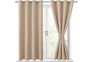 Hiasan Blackout Curtains for Bedroom - Thermal Insulated & Light Blocking Window Curtains for Living Room/Kids Room, 2 Drape Panels Sewn with Tiebacks, Beige, 52 x 45 Inch