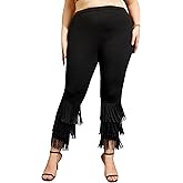 WDIRARA Women's Plus Size Casual Tassels Fringe Long Pants Slim Leg Elastic High Waist Pull On Pants