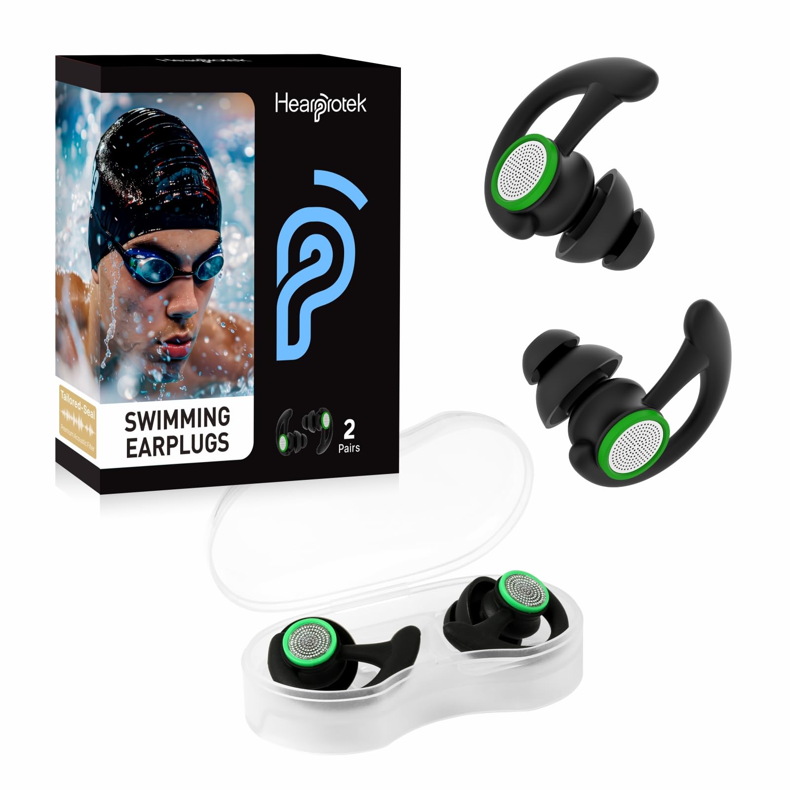 Hearprotek Swimming Ear Plugs Adults, 2 Pairs Reusable Waterproof Silicone Swim Ear Plugs for Shower Bath Surfing Pool Water Sports Black — image 1