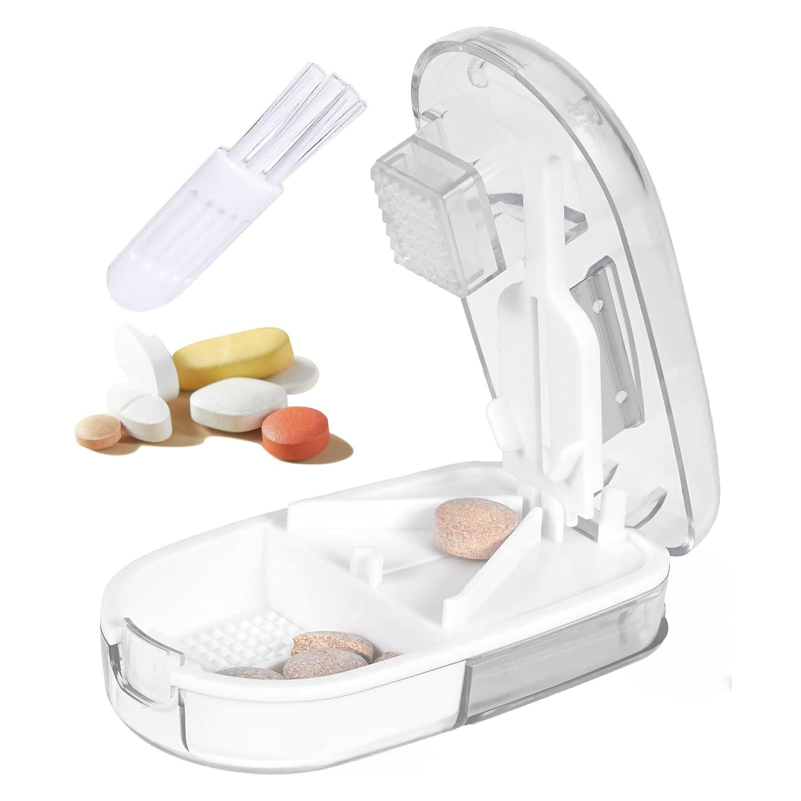 Photo 1 of Clear Pill Cutter & Crusher – Precision Tablet Splitter with Safety Blade Guard, Pill Storage and Built-in Cleaning Brush – for Small and Large Pills, Travel Ready (Transparent White)