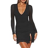 Mizoci Women's Sexy Long Sleeve Deep V Neck Mini Dress Ruched Ruffle Slit Bodycon Party Short Dresses