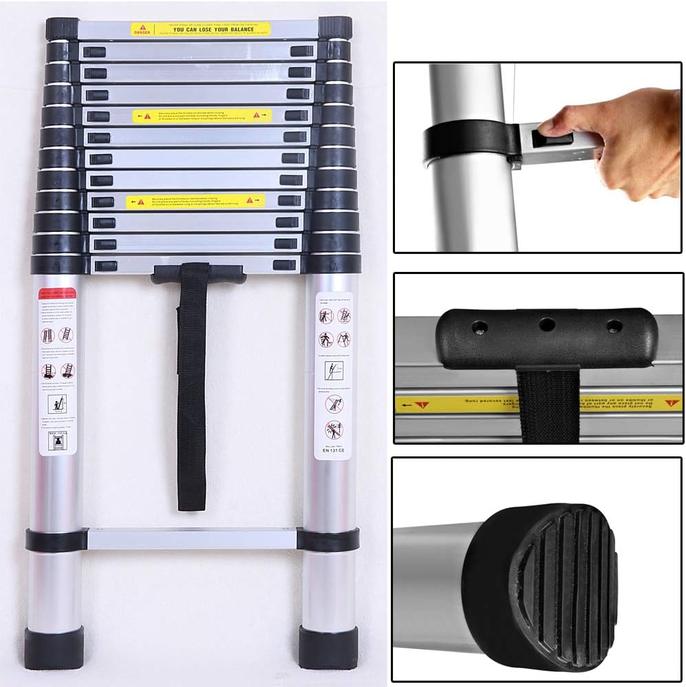 5M/16.4FT Heavy Duty Aluminium Ladders Telescoping Straight Extension Ladder Collapsible Household Working Industrial, 150kg Load, EN131