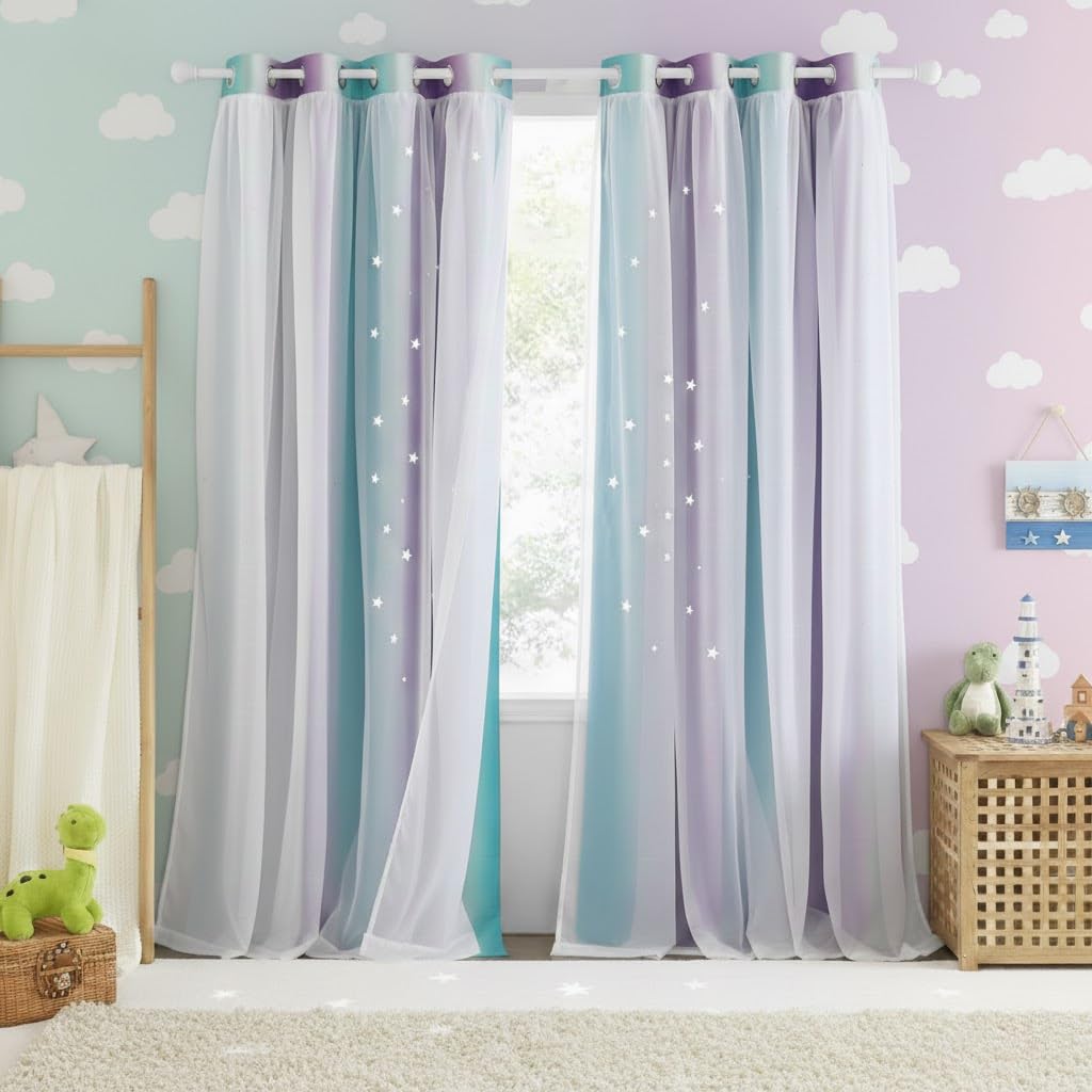 NICETOWN Blackout Curtains 90 Inches Long - White Sheer Overlay Thermal Insulated Curtains for Living Room, Ombre Rainbow Curtains for Bedroom (W52 x L90 inch, Teal & Purple, 1 Pair) Image