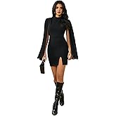 WDIRARA Women's Mock Neck Pleated Cloak Long Sleeve Split Hem Cocktail Bodycon Cape Dress