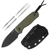 Kizer Drop Bear Fixed Blade Knife, 2.57" Black Stonewash D2 Blade EDC Camping Knife with Olive Green G10 Handle & Hidden Tool, Full Tang Hunting Survival Knives with Adjustable Kydex Sheath, 1094M1