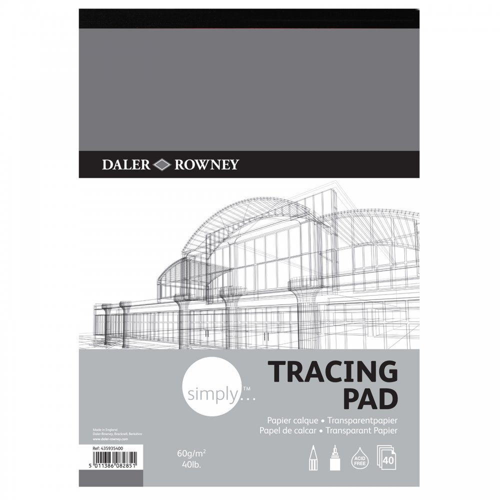 Daler-Rowney Simply Tracing Paper, Smooth Surface, 60 gsm, 40lb, Pad, Glued 1 Side, A3 - approx. 11.7 x 16.5in - 29.7 x 42 cm, 40 Sheets