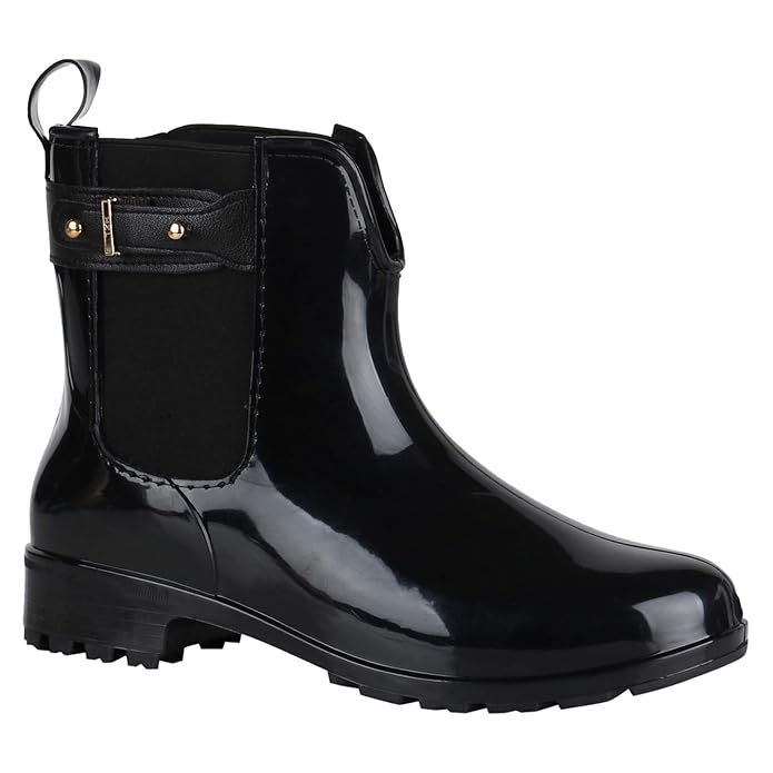 Stiefelparadies Damen Stiefeletten Gummistiefel mit Blockabsatz Lack Flandell