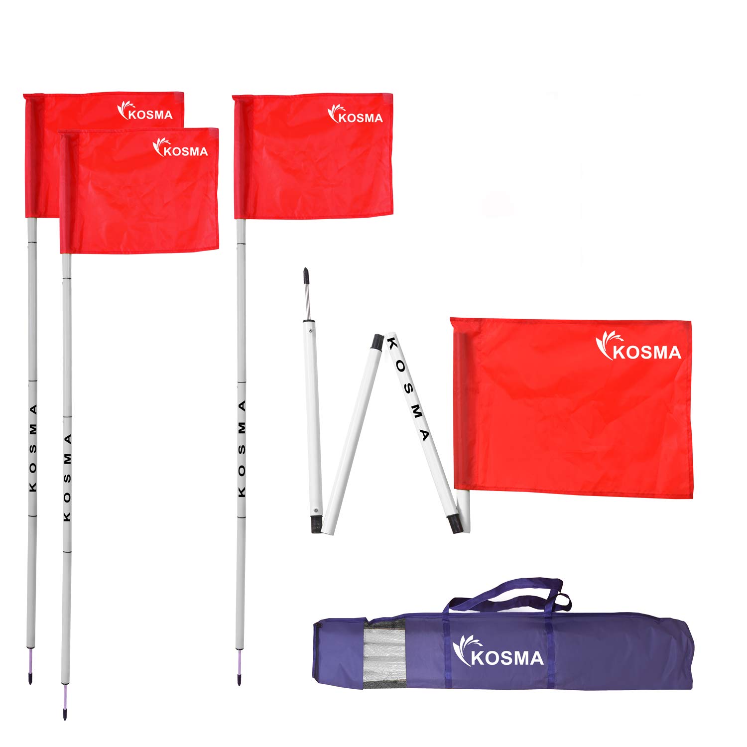 Kosma Set of 4 Collapsible Corner Flags Red with Carry Bag | Football Training Corner Foldable Flags Pole Size: 5 Ft x 25mm