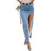 Wenrine Women's Sexy High Waist Denim Skirt Split Zip Up Jean Skirt Casual Maxi Skirt with Pockets