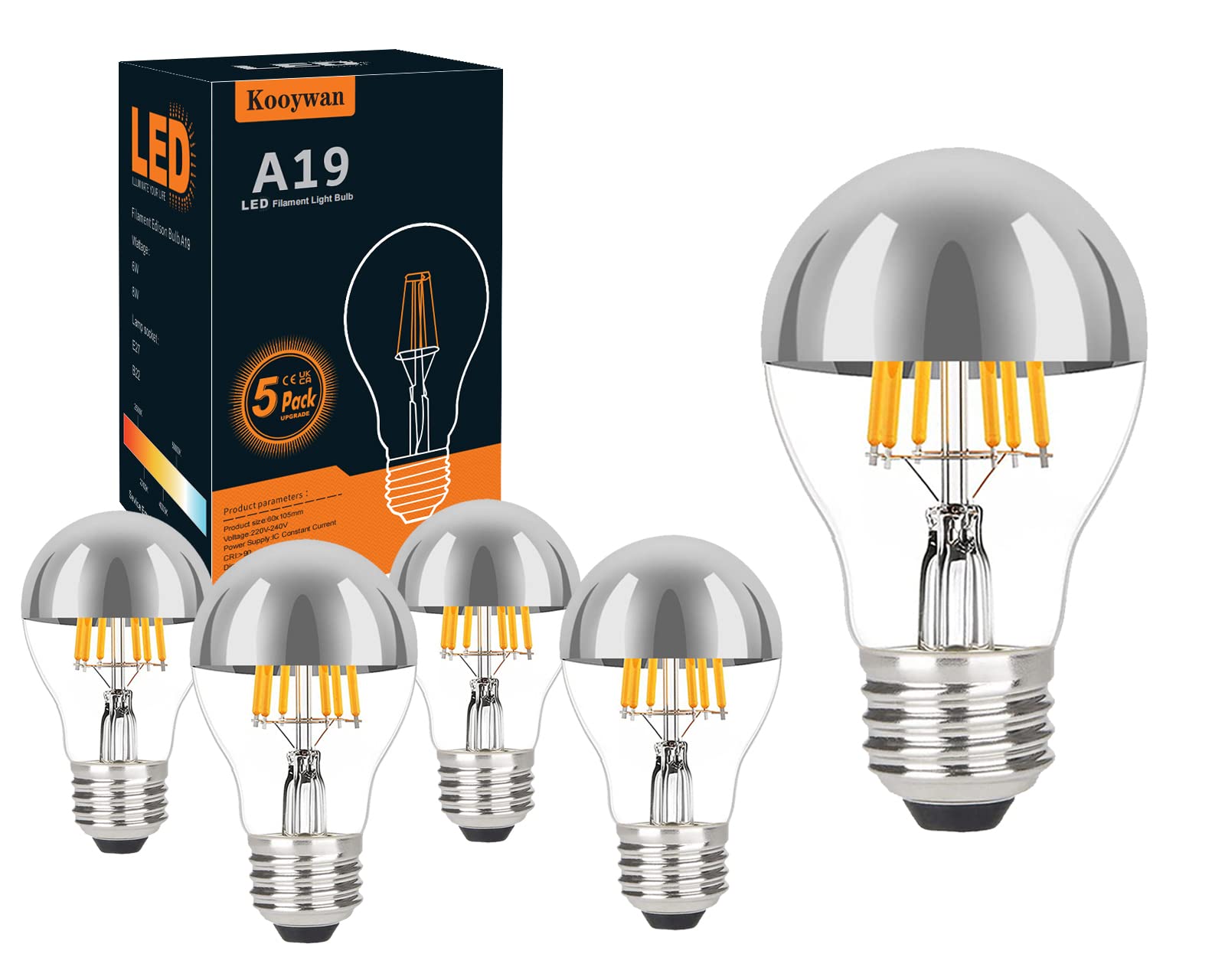 KOOYWAN Silver Crown Light Bulb-E27 Screw Bulb Dimmable 6W (60W Equivalent) A60 A Shape Decorative LED Classic Edison Bulb Silver Mirror Reflected Light 2700K Warm White-Pack of 5
