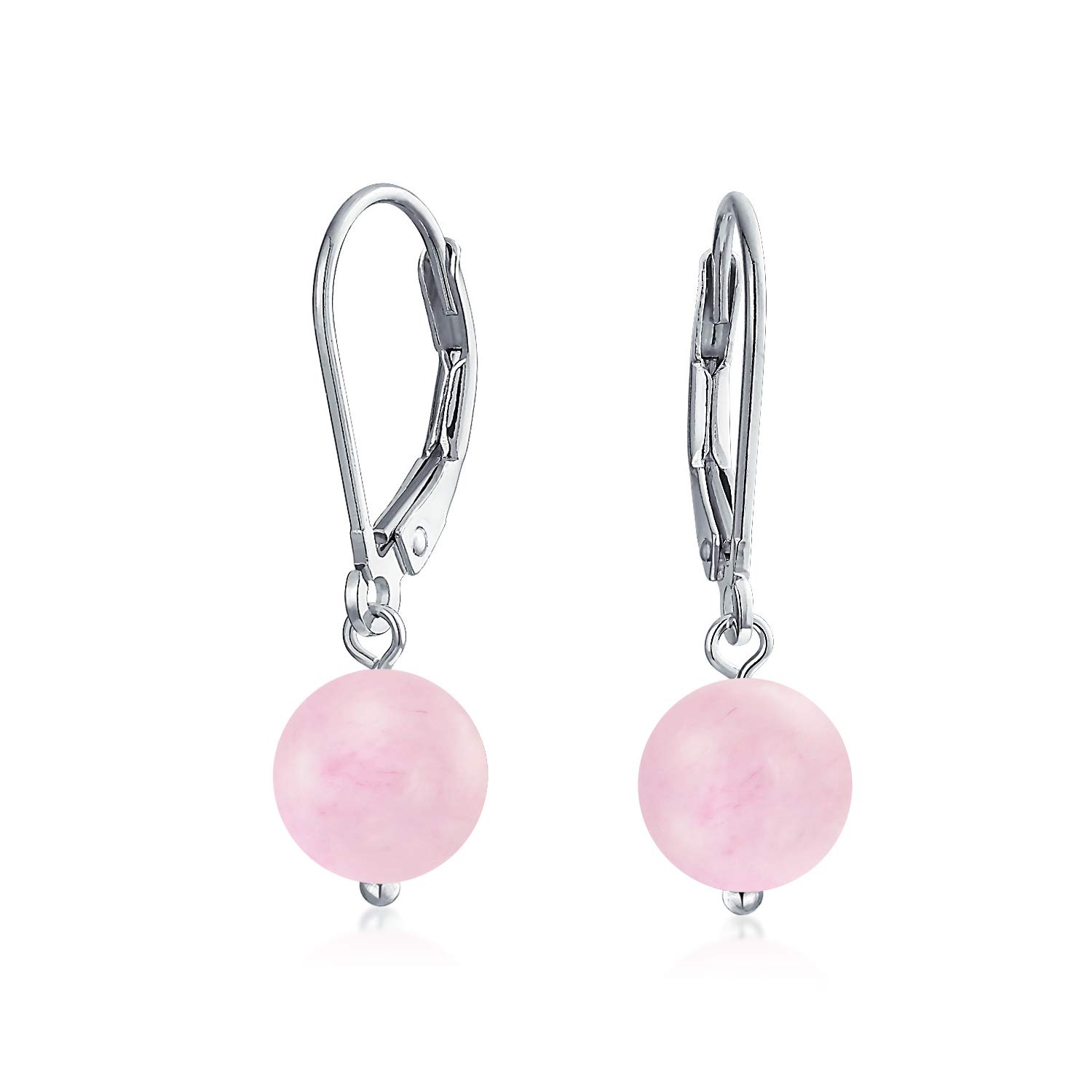 Simple Round Bead Light Pink Rose Quartz Lever back Ball Drop Earrings For Women .925 Sterling Silver February Birthstone
