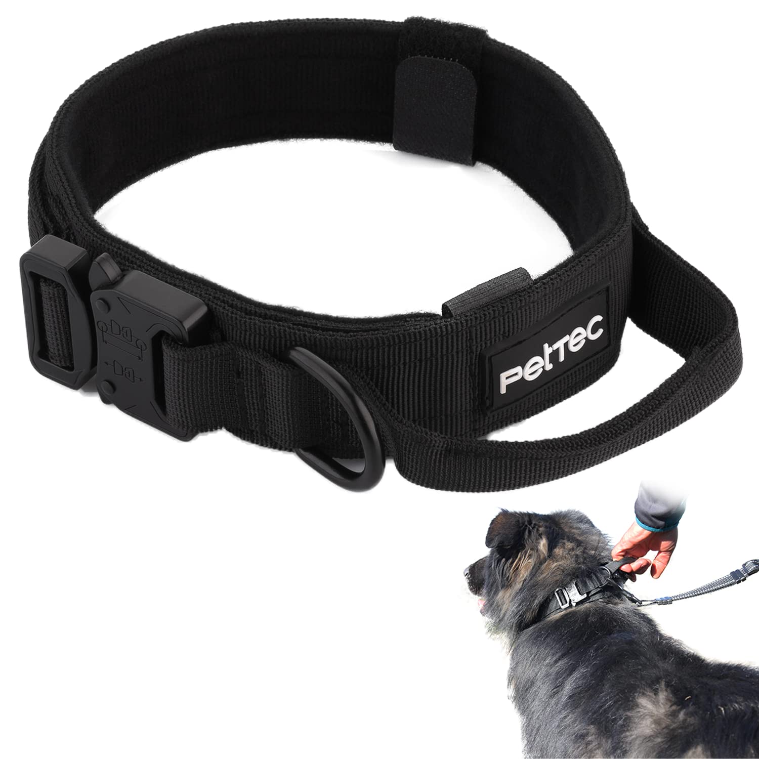 PetTec Adjustable Dog Collar for Small Dogs - D200 Nylon & Neoprene Padding - Puppy Collar With Durable Handle, D-Ring & Quick-Release Metal Buckle - Weather-Proof, Dirt-Proof Waterproof - 34-44cm