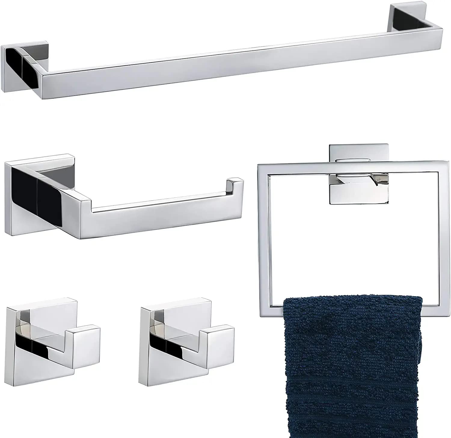 TURS Bathroom Hardware Accessories Set Polished Chrome Towel Bar Sets Include Towel Bar Towel Holder Toilet Paper Holder Towel Hook for bathrooms,5 Pieces Stainless Steel Wall Mounted