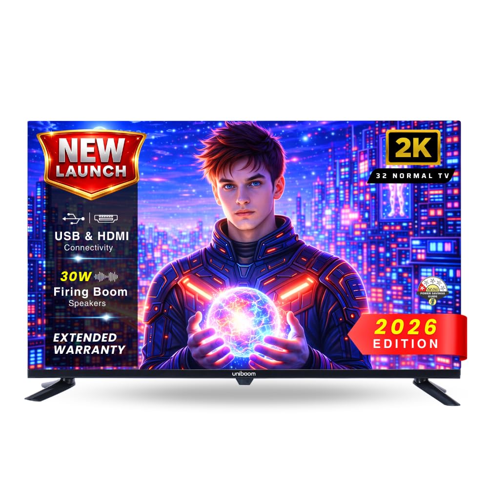 Uniboom_Optima Series 80 cm (32 inch) HD Ready LED TV 2026 Edition with 30W Sonic Boom - True Frameless - Aura Vision+ Display - 2 HDMI - (Non Smart) - 32N-ULT-AED