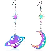 REELMAR Space Dangle Earrings for Women Asymmetrical Celestial Moon Star Saturn Earrings Dangling Crescent Moon Planet Drops Gorgeous Mysterious Space Statement Jewelry