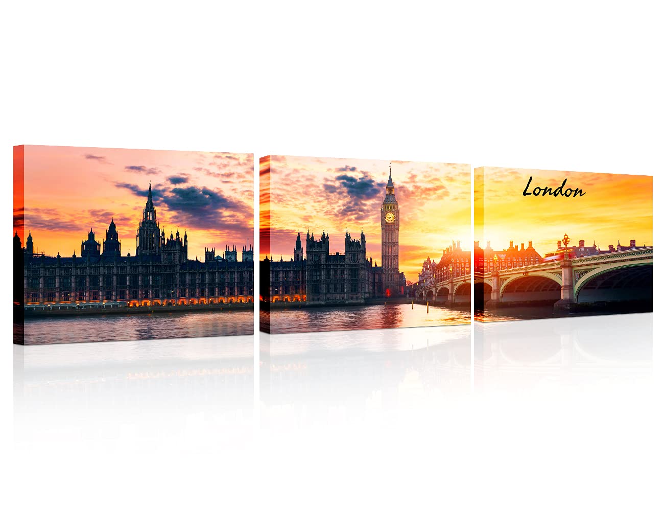 TISHIRON 3 Piece Canvas Wall Art City Big Ben and Houses of parliament at dusk London Pictures for Living Room Modern Cityscape Art Wall Decor Stretched and Framed Ready to Hang