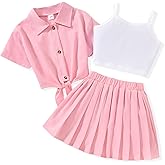 HIHA Girls 3 Piece Outfit Cami Crop Tops Skirt Set with Button Down Shirts Size 6-12
