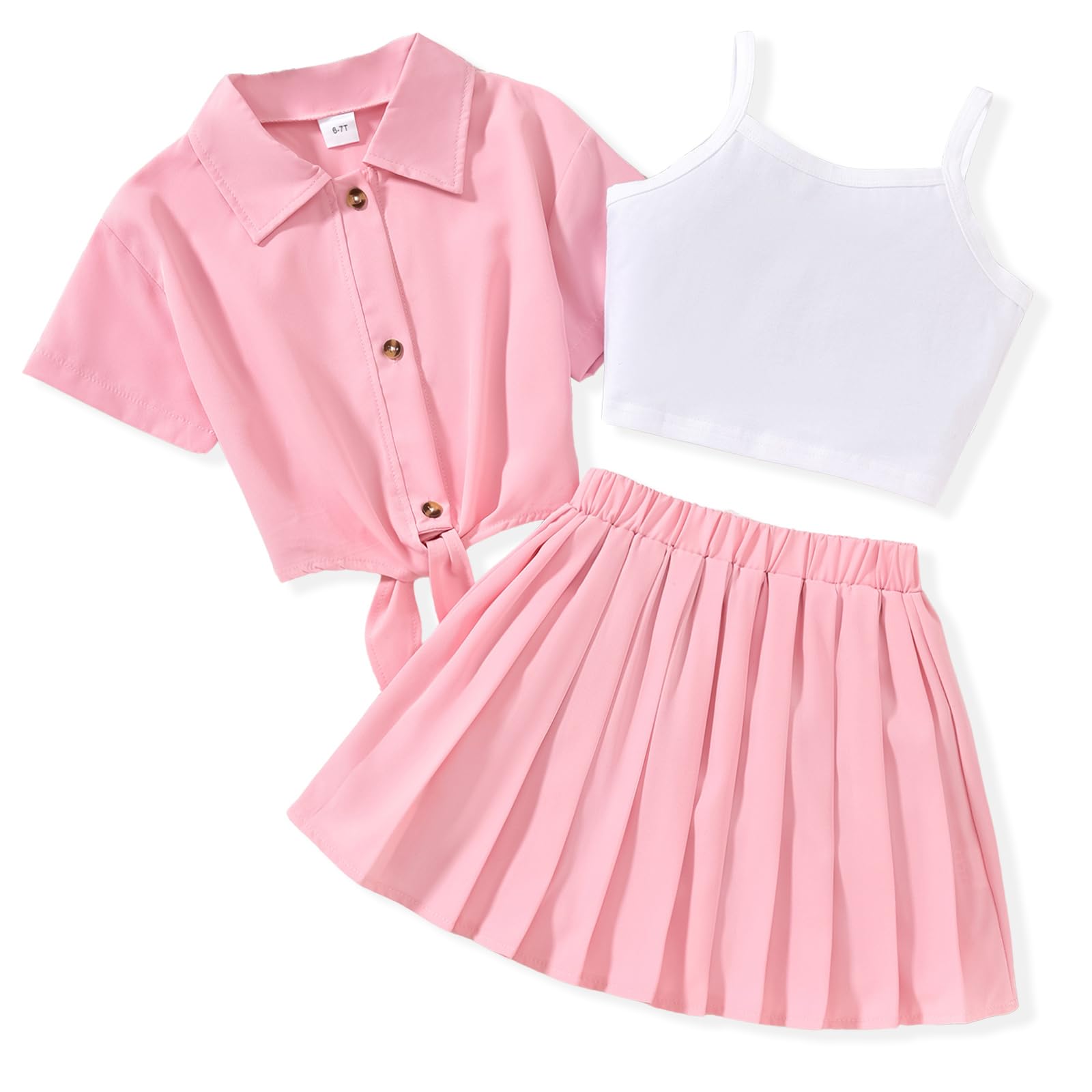 Photo 1 of Size 10 Girls 3 Piece Skirt Outfit Little Girls Short Sleeve Shirts Cami Crop Tops Skirt Set Size 9-10 Pink