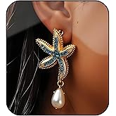 Gold Starfish Pearl Earrings for Women Hawaiian Earring Starfish Dangle Earrings Hypoallergenic 14K Gold Plated Sea Star Earrings Beach Summer Holiday Ocean Jewelny - Size 2.25"L x 1.1"W