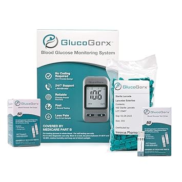 GlucoGorx? Blood Glucose Diabetes Testing Kit - 110 Blood Test Strips, 125 Sterile Lancets, Glucometer, Depth Controlled Lancing Device, Control Solution, User Manual & Convenient Carrying Case