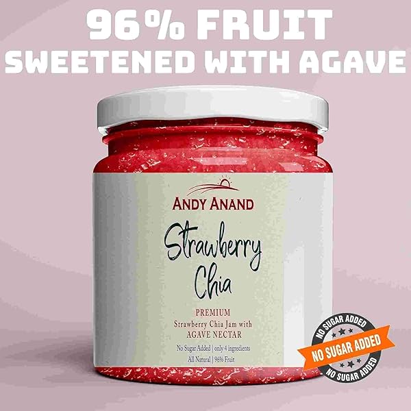 ANDY ANAND ORGANIC STRAWBERRY CHIA JAM 96% FRUIT, SWEETENED WITH AGAVE, ONLY 4 INGREDIENTS, LOW CALORIE, ALL NATURAL, NUTRITIVE AND ENERGETIC FOOD, VEGAN, GLUTEN FREE, GMO-FREE (9.6 OZ)