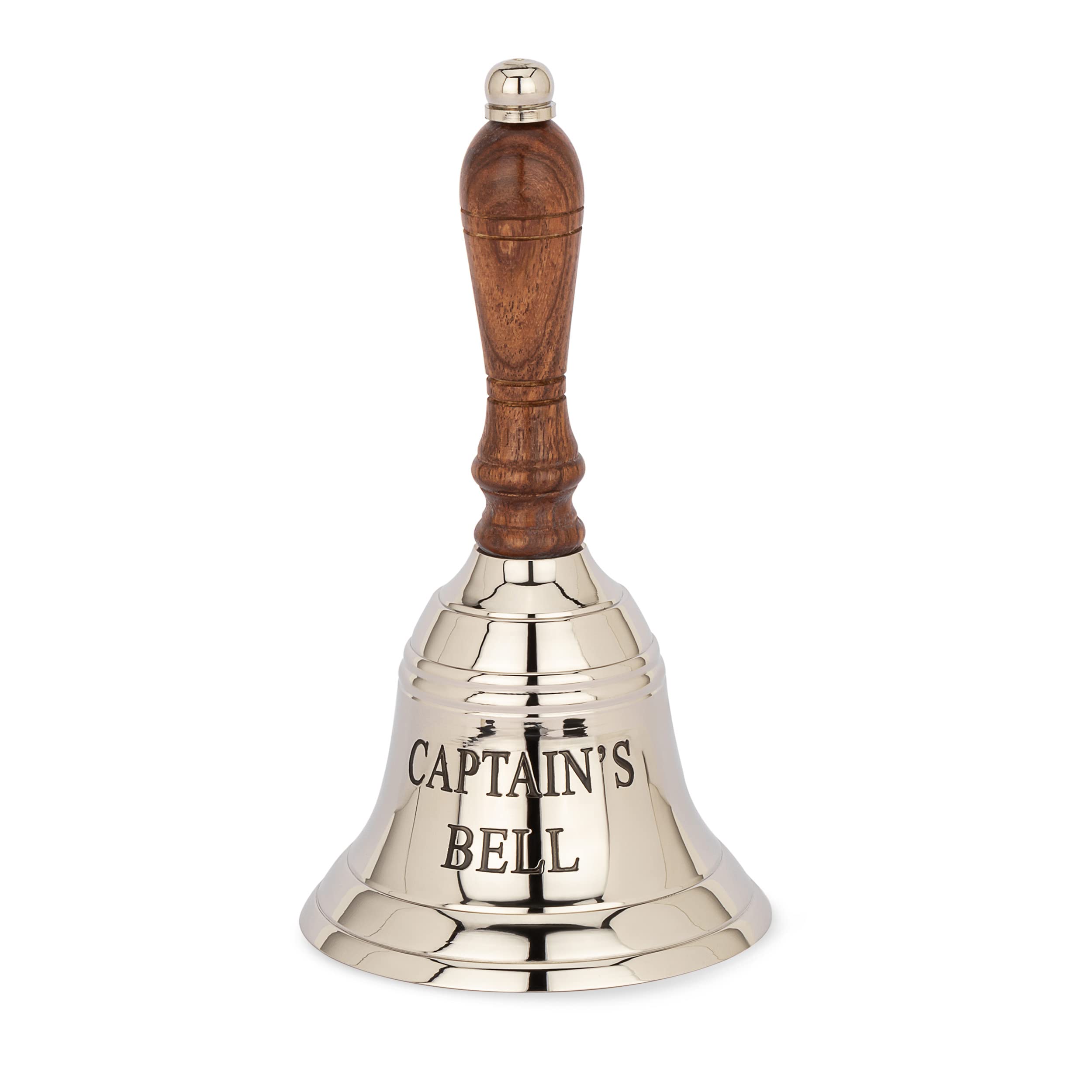 NKlaus Captain's Bell 11799 Table Bell 17 cm Solid Brass Silver Hand Bell with Wooden Handle
