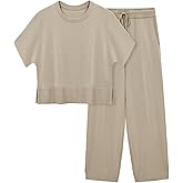 Fisoew Womens 2 Piece Sweater Sets Knit Short Sleeve Crop Tops Drawstring Waisted Pants Lounge Set