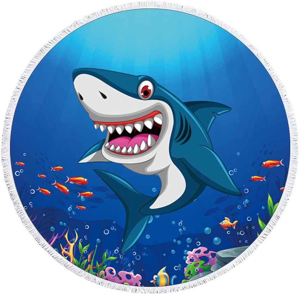 Hokic Shark Beach Towel for Kids Boys Baby Shark Birthday Decorations, Oversized Round Shark Beach Towel Blanket with Tassels Ultra Soft Microfiber Super Water Absorbent Multi-Purpose Beach Throw