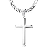 Besteel 925 Sterling Silver Cross Necklace Beveled Edge for Men Women 5mm Stainless Steel Non Tarnish Durable Cuban Link Curb Chain Crucifix Pendant Necklace Jewelry 16-30 Inches Christian Baptism Gifts