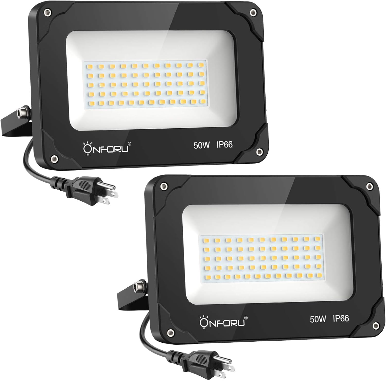 Onforu 2 Pack 50W LED Flood Light with Plug, 5000lm Super Bright LED Work Light, IP66 Waterproof Outdoor Security Lights, 5000K Daylight White Plug in Floodlight for Yard, Garden, Basketball Court - - 