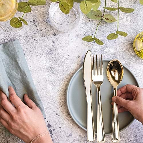 MATANA, 180 Elegant Gold Plastic Cutlery Set, 60 Knives, 60 Forks, 60 Spoons, Hand Washable - Image 5
