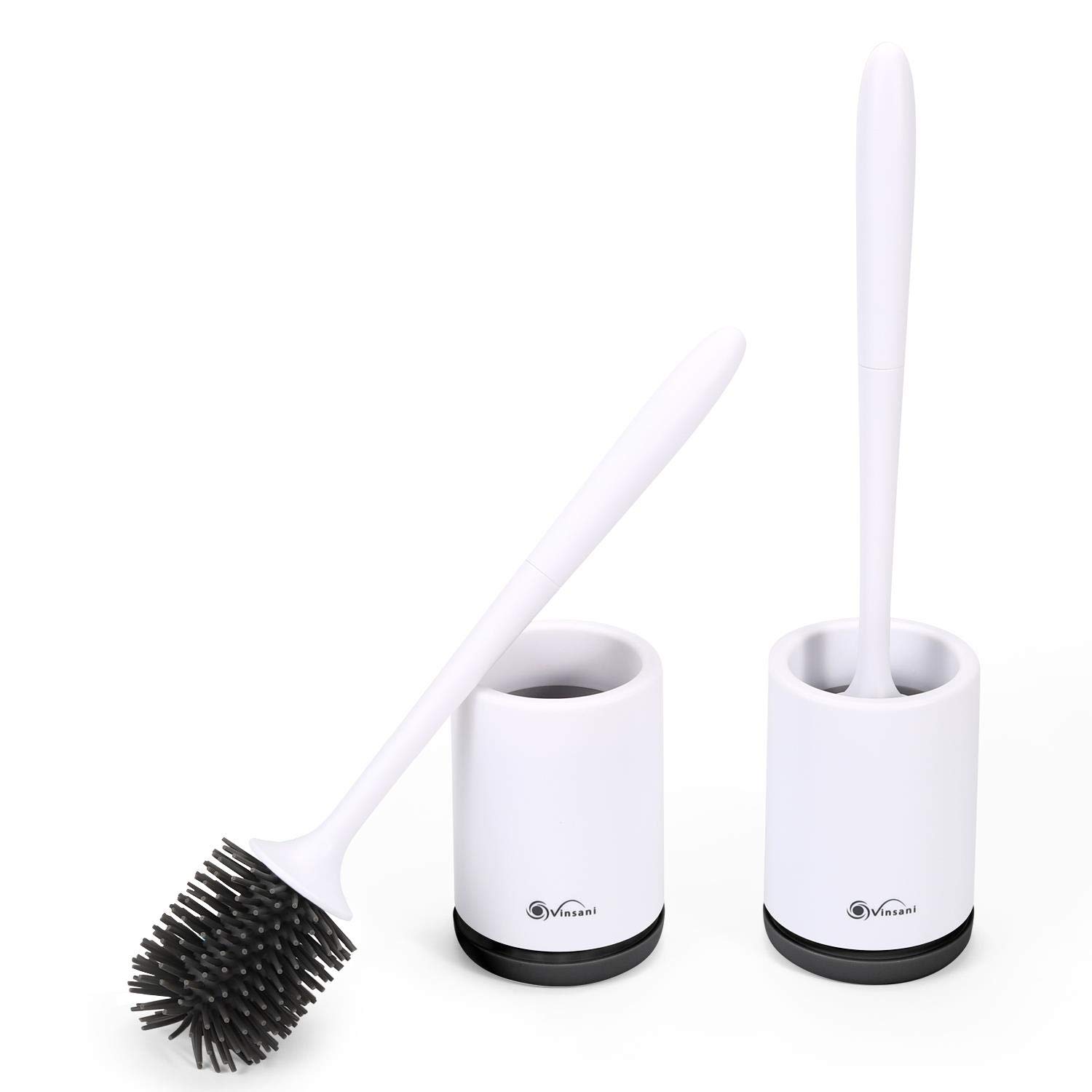 Vinsani Toilet Brush with Handle & Holder Set - Non-Slip Plastic handle with Deep Cleaner Flexible Rubber Bristles and Quick Dry Holder, Black, 2 Pack