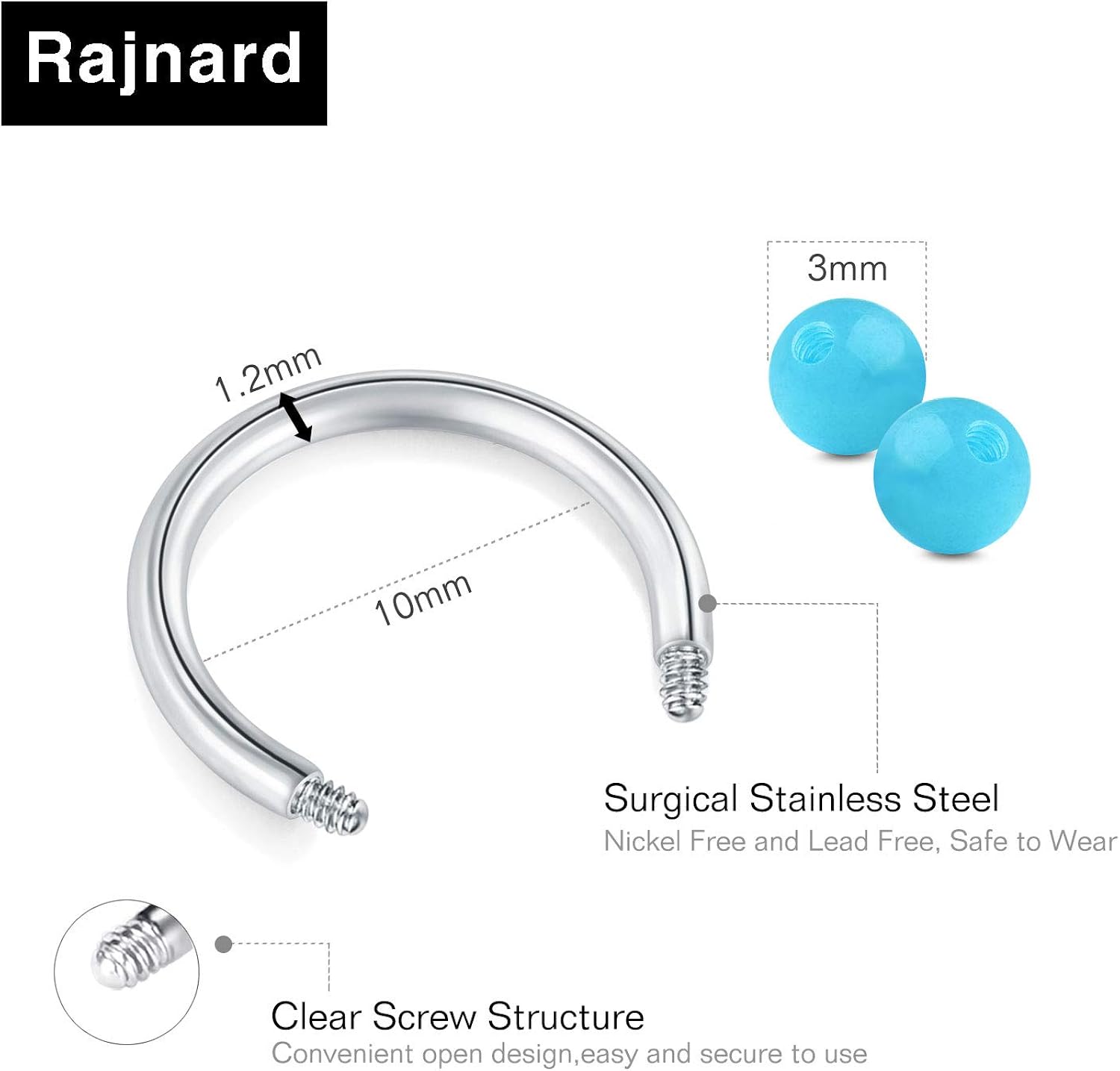 Rajnard Septum Rings Septum Piercing 16G 10mm Nose Rings Surgical Steel Horseshoe Ring with Pearl Glow in Dark Ball Lip Ring Tragus Helix Earring Piercing Jewellery Retainer Women Men - Image 3