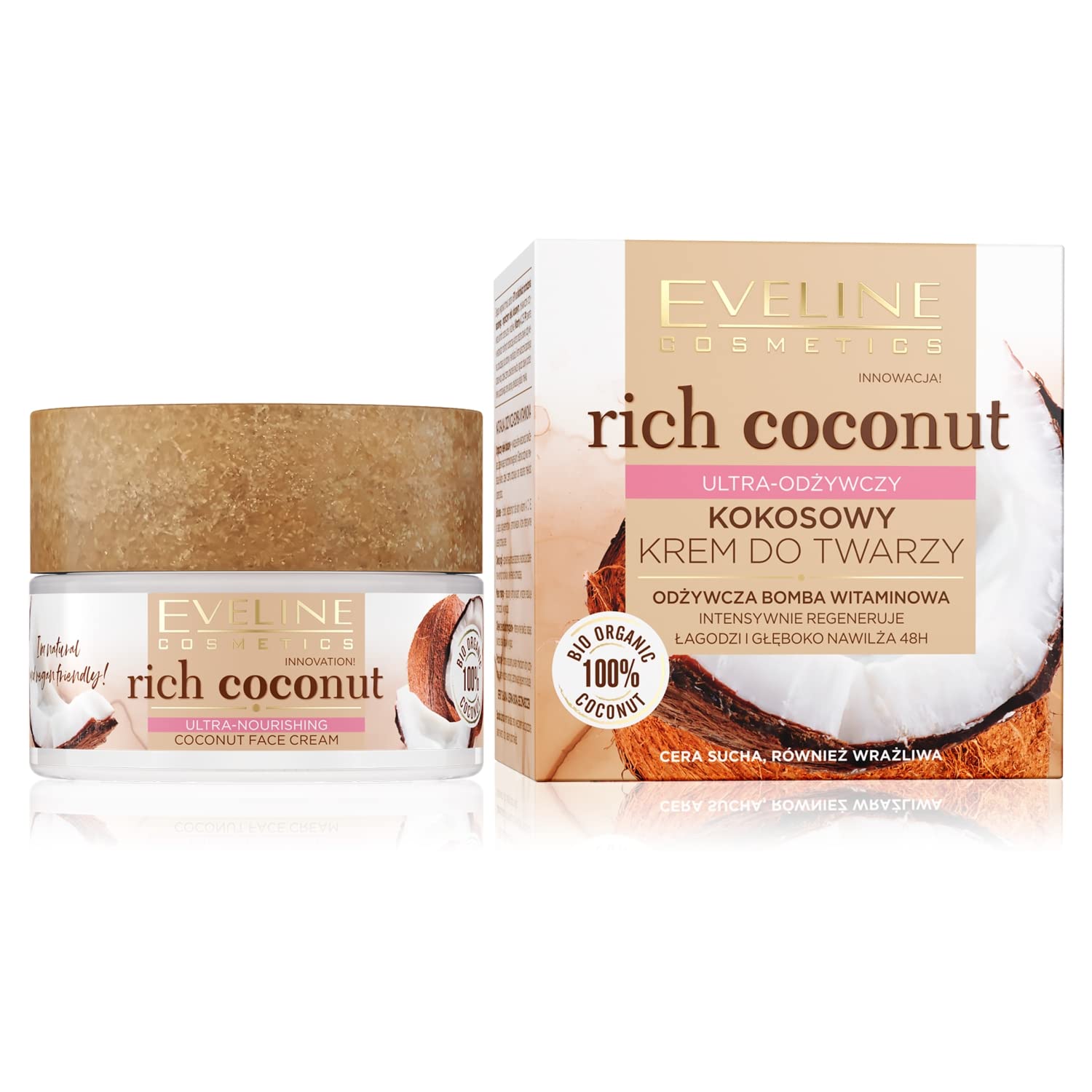 Eveline Cosmetics Rich Coconut Ultra-Nourishing Coconut Face Cream for Dry Skin with Organic Coconut Oil & Sweet Almond Oil, Enriched with Aloe & Probiotics, Vegan Formula - 50ml