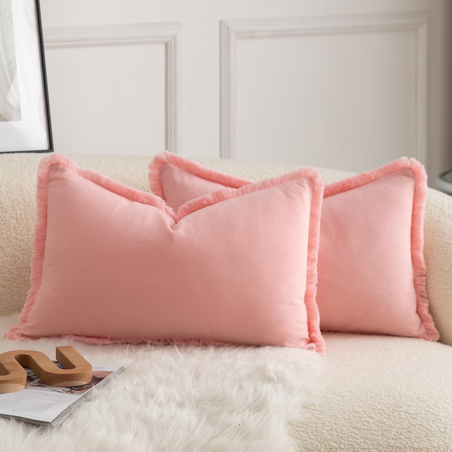 Mandioo Set of 2 Neutral Cotton Fringe Cushion Covers 30x50 cm 12x20 inch Decorative Boho Farmhouse Throw Pillowcase Cozy Tassels for Couch Sofa Bedroom Living Room Home Decor Pink